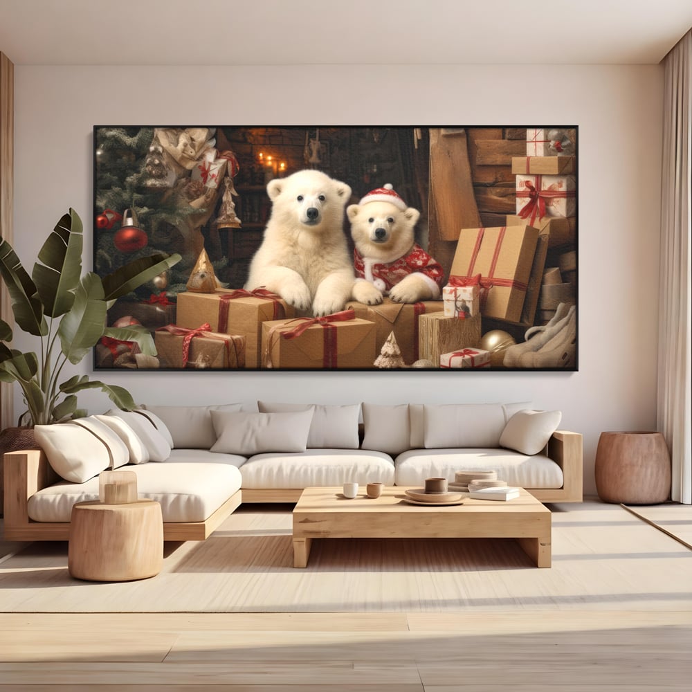 Tablou canvas cu doi ursuleti polari printre cadouri de craciun, in rama de aluminiu negru, pe perete intr-un living